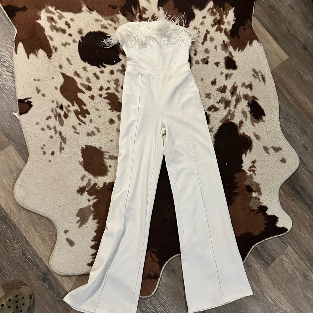 Lulus Elegant White Feather-Trimmed Jumpsuit